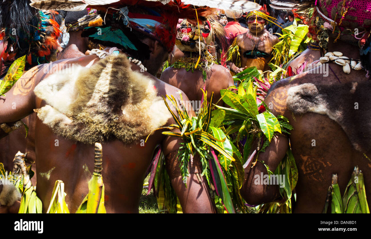 Gruppe von tribal-Tänzerinnen tragen traditionelle Kleidung auf der Goroka Show in Papua-Neu-Guinea Stockfoto