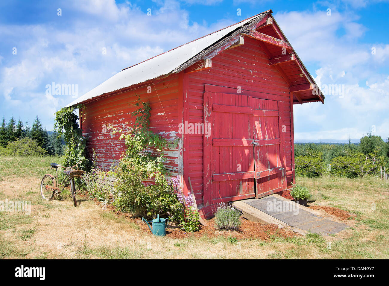 Alten Geräteschuppen rote Scheune mit rostigen Fahrrad und Bewässerung kann Landschaft Display auf der Farm Stockfoto