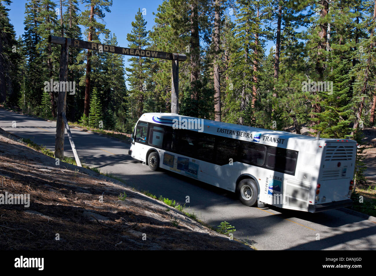 Ein Shuttlebus verkehrt bis roten Wiese vorbei Devils Postpile National Monument, Kalifornien, Vereinigte Staaten von Amerika Stockfoto