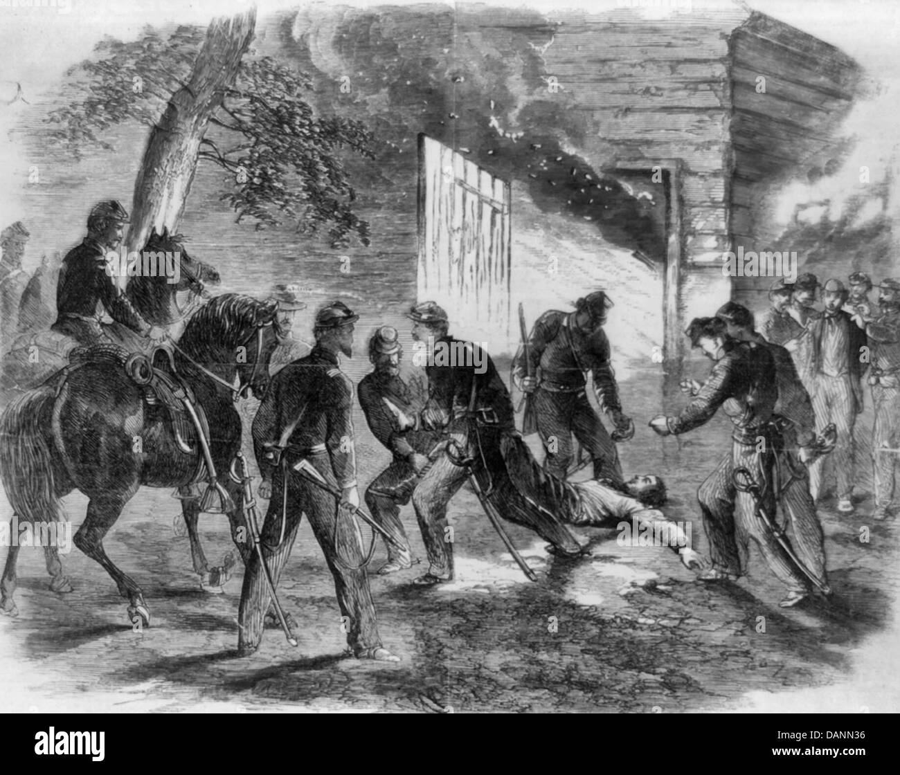 Die Ermordung von John Wilkes Booth, der Attentäter - der sterbende Mörder aus der Scheune, wo er den Kopf, erstellt geflüchtet, auf Garretts Farm, in der Nähe von Port Royal, Virginia, 26. April 1865 Stockfoto