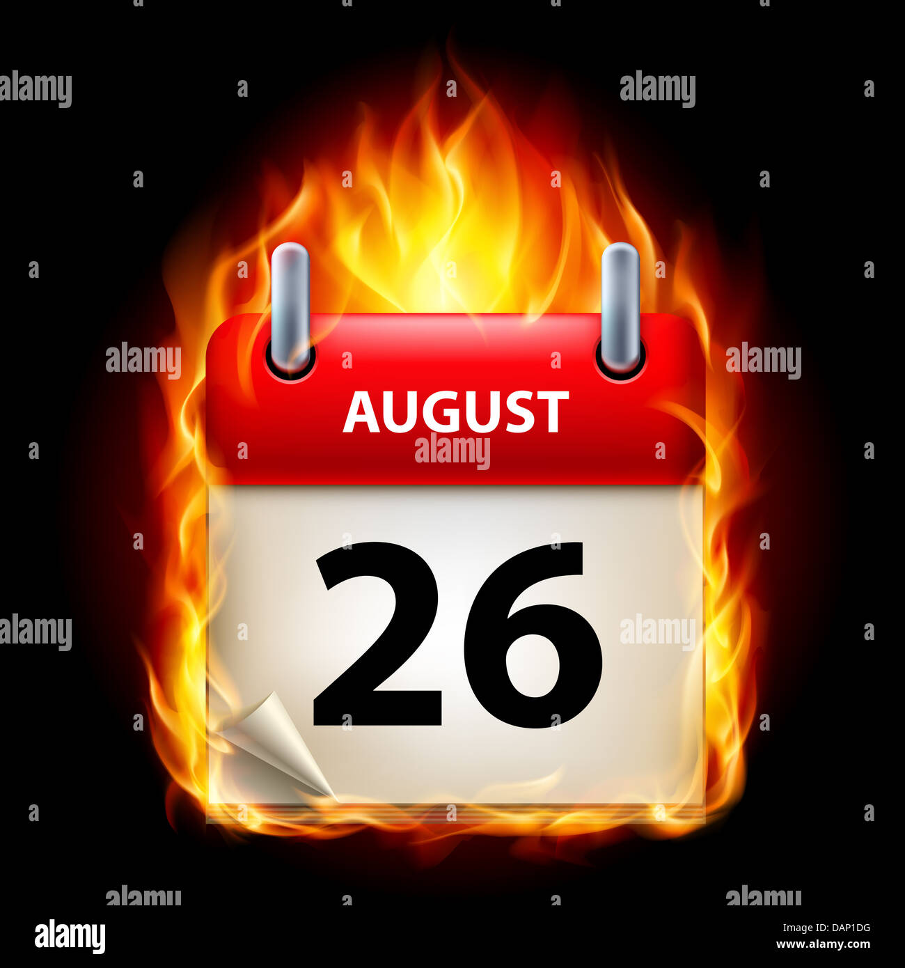 Twenty-Sixth August im Kalender. Brennende Symbol auf schwarzem Hintergrund Stockfoto