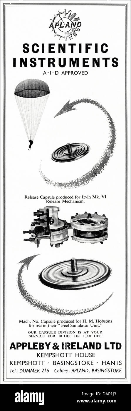 Anzeige für wissenschaftliche Instrumente von Appleby & Ireland Ltd Kempshott Basingstoke Hants England UK Lieferanten auf die Flugzeug-Industrie Anzeige in Fachzeitschrift ca. 1955 Stockfoto