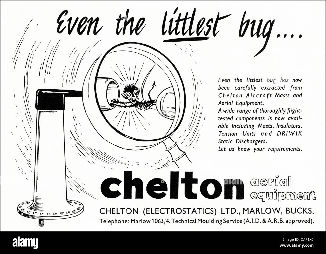 Anzeige für Flugzeuge Masten & Antenne Ausrüstung von Chelton (Elektrostatik) Ltd Marlow, Bucks England UK Zulieferer der Luftfahrtindustrie, Werbung in Fachzeitschrift ca. 1955 Stockfoto