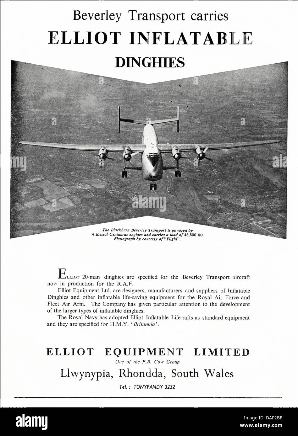Anzeige für Schlauchboote & Rettungsmittel durch Elliot Equipment Limited Llwynypia Rhondda South Wales UK Lieferanten auf die Flugzeug-Industrie Anzeige in Fachzeitschrift ca. 1955 Stockfoto