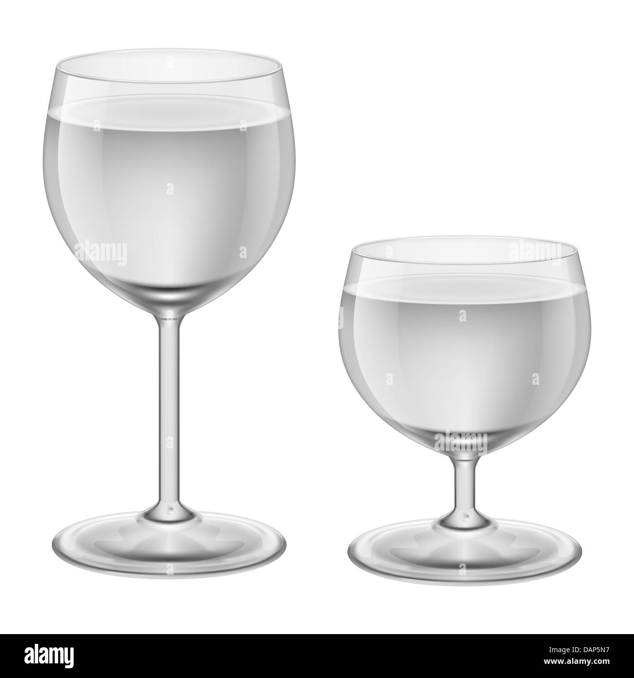 Zwei Stufen der Weingläser mit Wasser auffüllen. Abbildung auf weißem Hintergrund Stockfoto