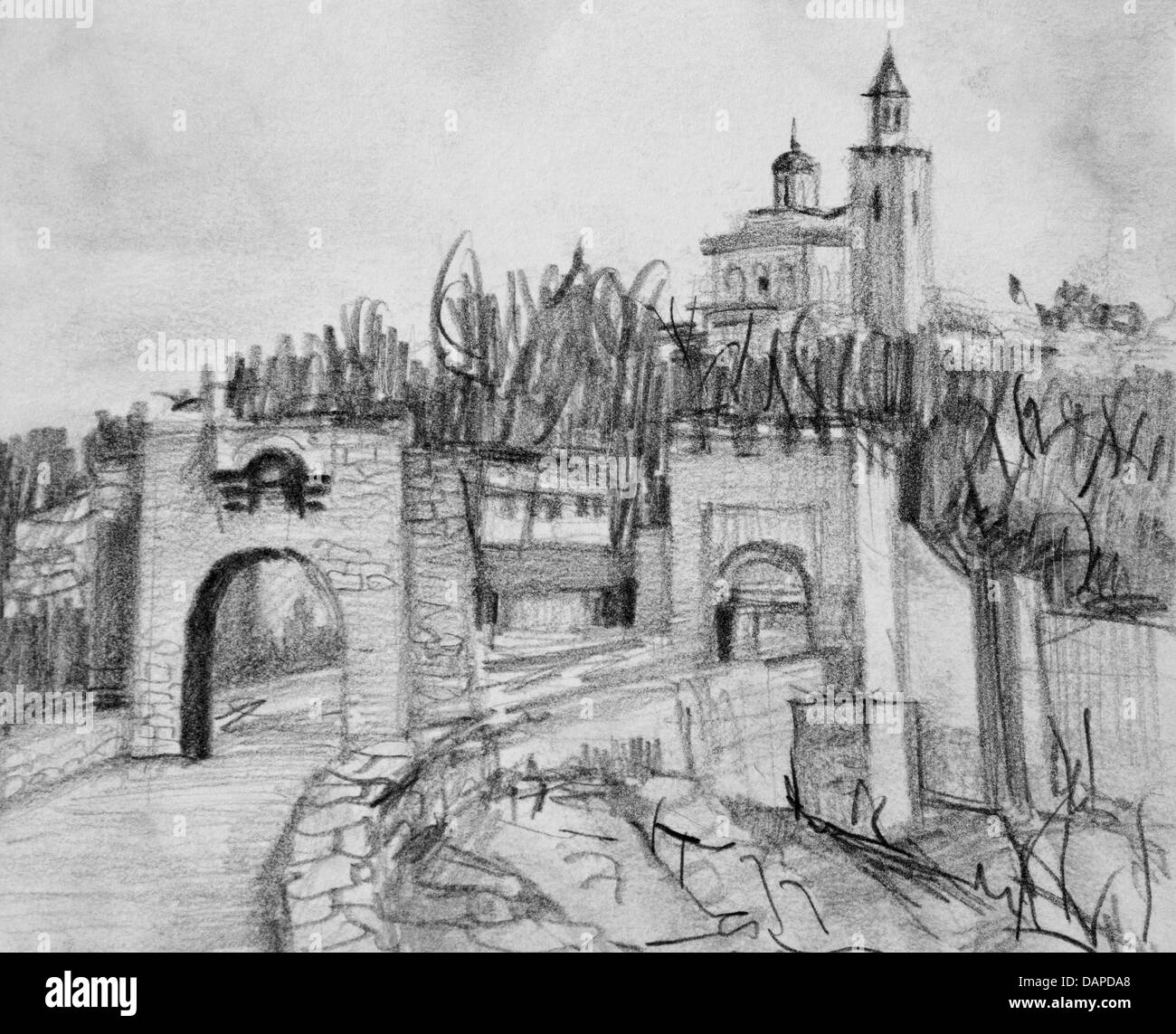 , Schwarze und weiße Bleistiftzeichnung der berühmten Festung Zarewez in Veliko Tarnovo in Bulgarien. Stockfoto