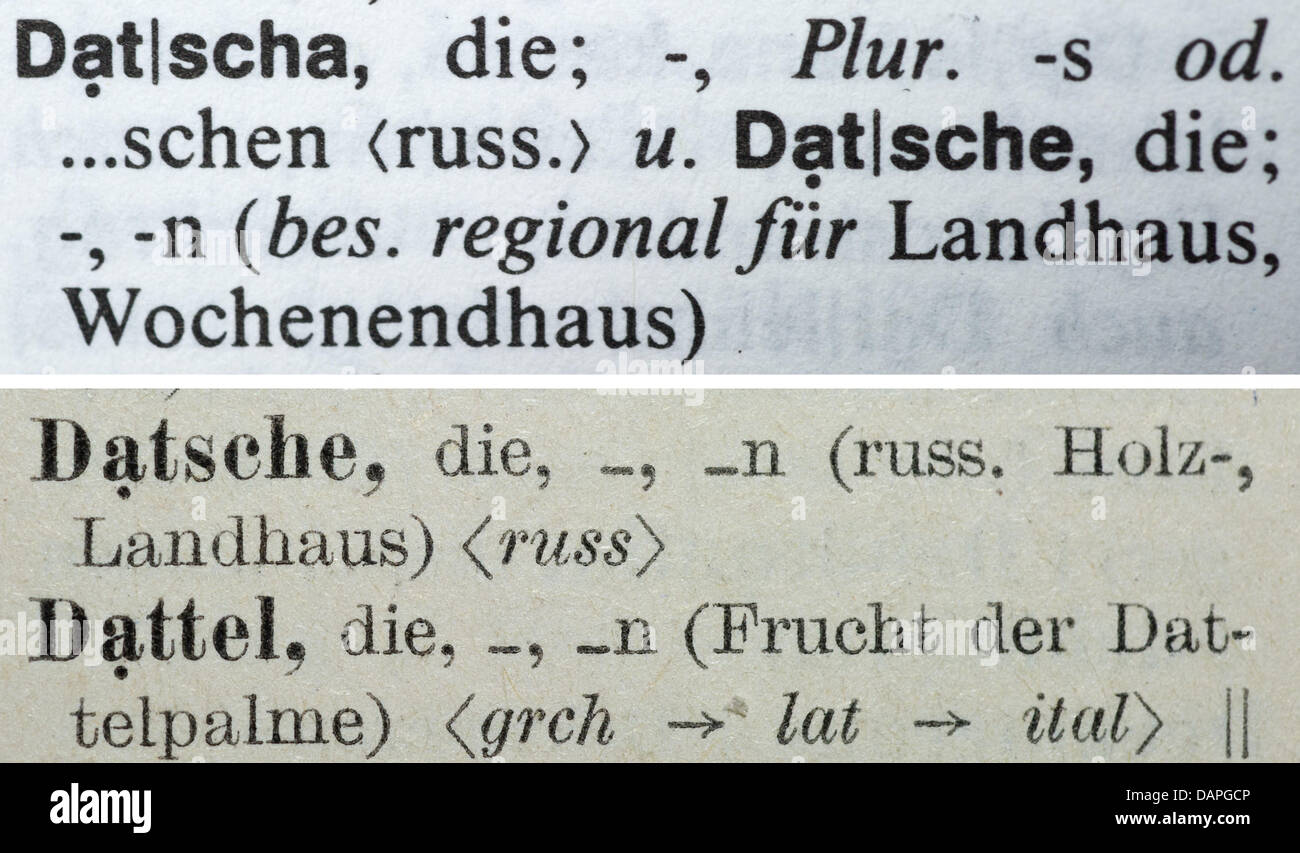 Eine Bild-Kombination werden die Wörter "Datscha" und "Datsche"  ("Wochenendhaus" oder "Hütte") sind in einer Alldeutschen Duden Wörterbuch  von 1991 (oben), und einer 1965 DDR Edition (unten), die in Frankfurt An  Der Oder,