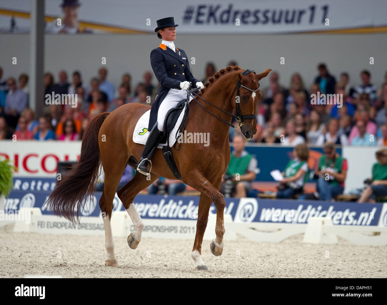 Niederländische Adelinde Cornelissen in Aktion auf ihrem Pferd Jerich Parzival während der Grand Prix Special bei der Dressur-Europameisterschaft in Rotterdam, Niederlande, 20. August 2011. Cornelissen belegte den ersten Platz. Foto: Uwe Anspach Stockfoto