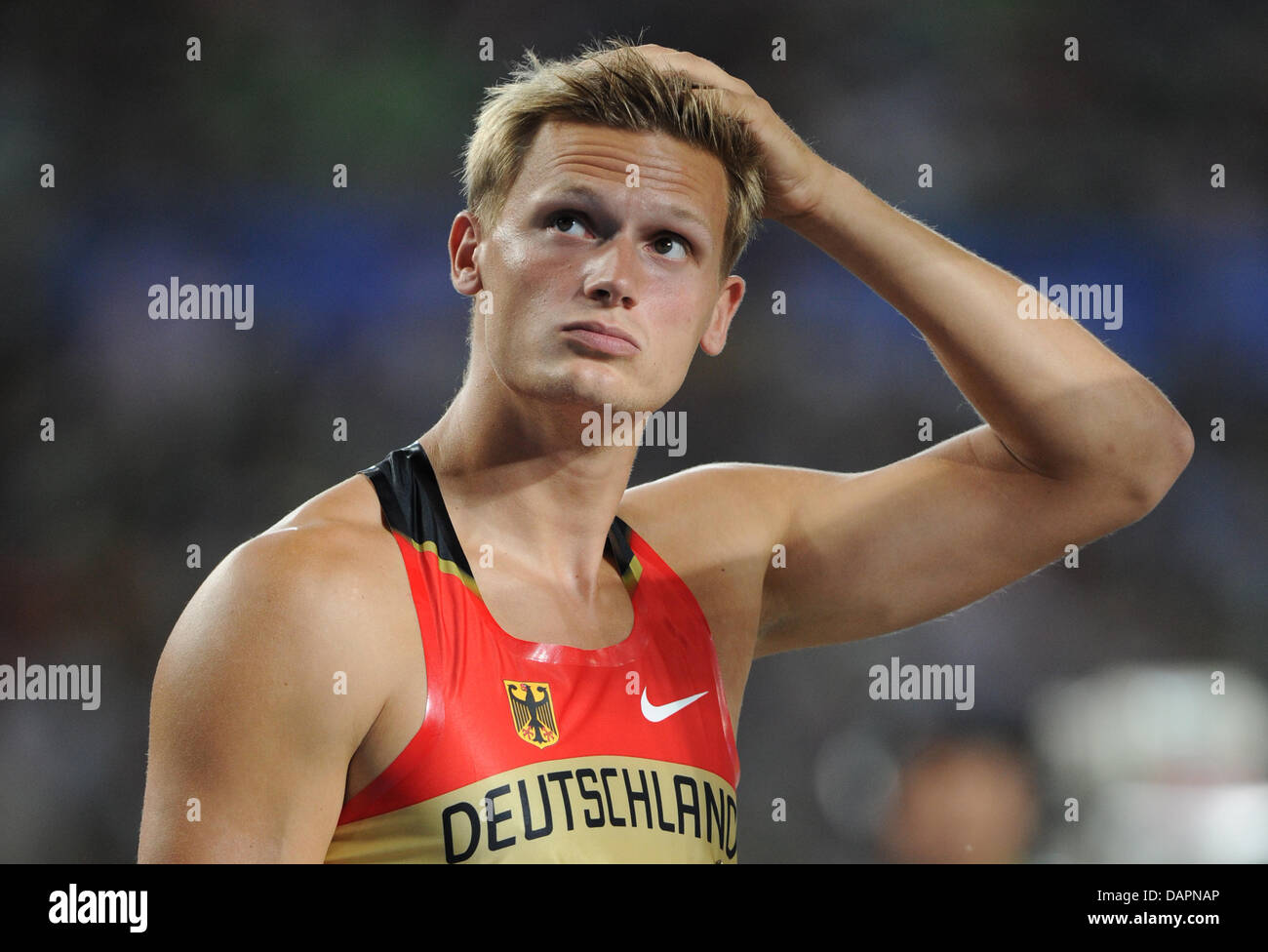 Pascal Behrenbruch Deutschlands reagiert bei Hochsprung Zehnkampf-Wettbewerb bei der 13. IAAF Weltmeisterschaften in der Leichtathletik in Daegu, Südkorea, 27. August 2011. Foto: Rainer Jensen Dpa +++(c) Dpa - Bildfunk +++ Stockfoto