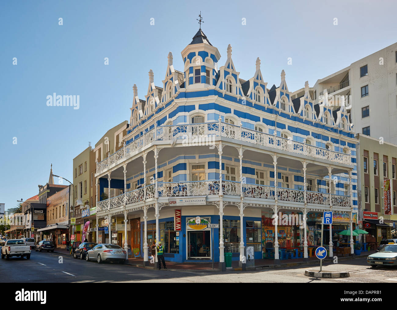 Gebäude mit typischen Balkone an der Long Street, Kapstadt, Western Cape, South Africa Stockfoto