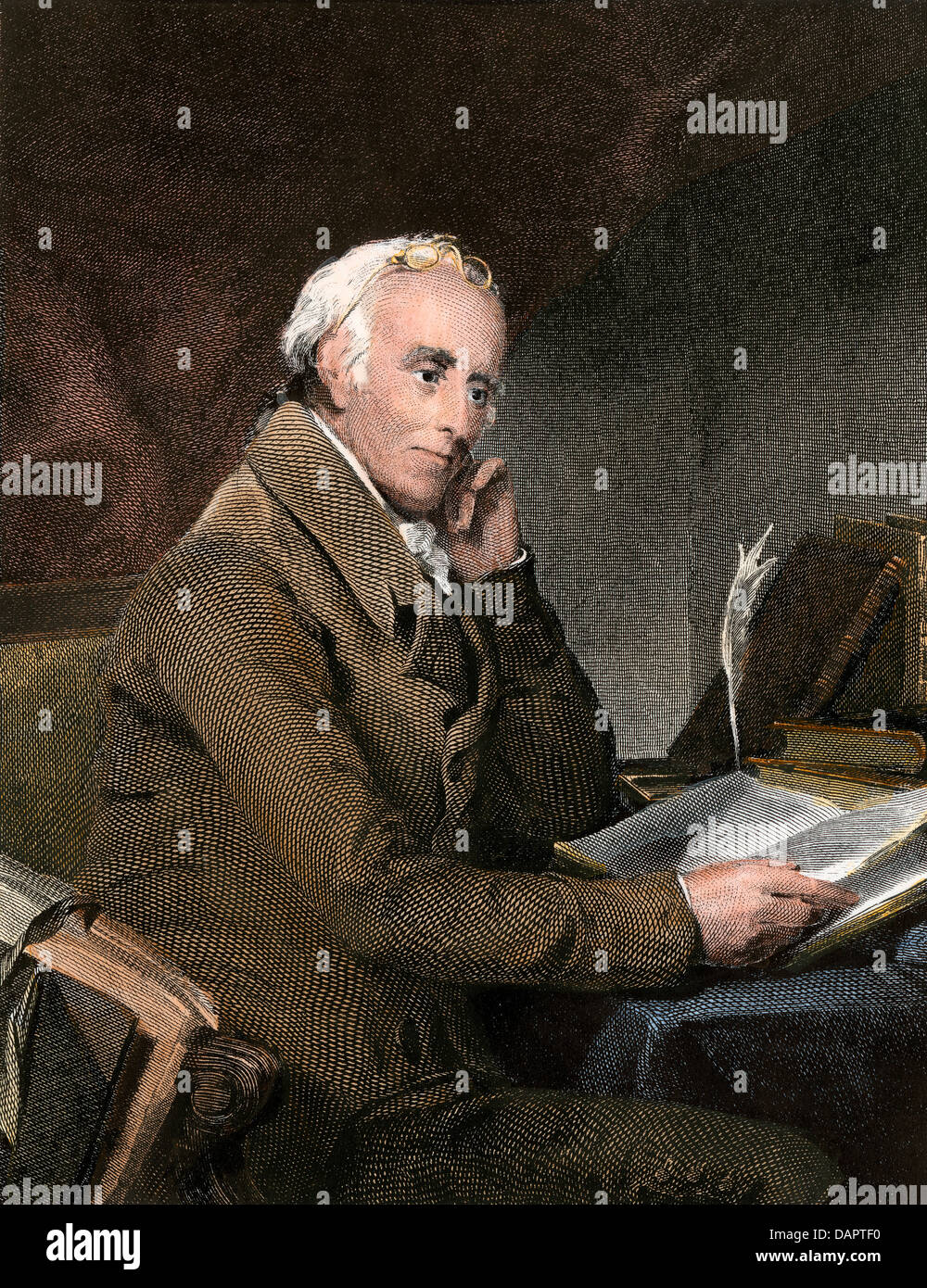 Dr. Benjamin Rush an seinem Schreibtisch. Handcolorierte Stahlstich Stockfoto