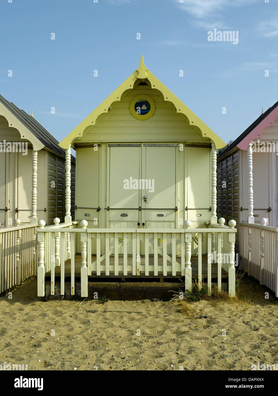 Beach Huts, West Mersea island Essex Stockfoto