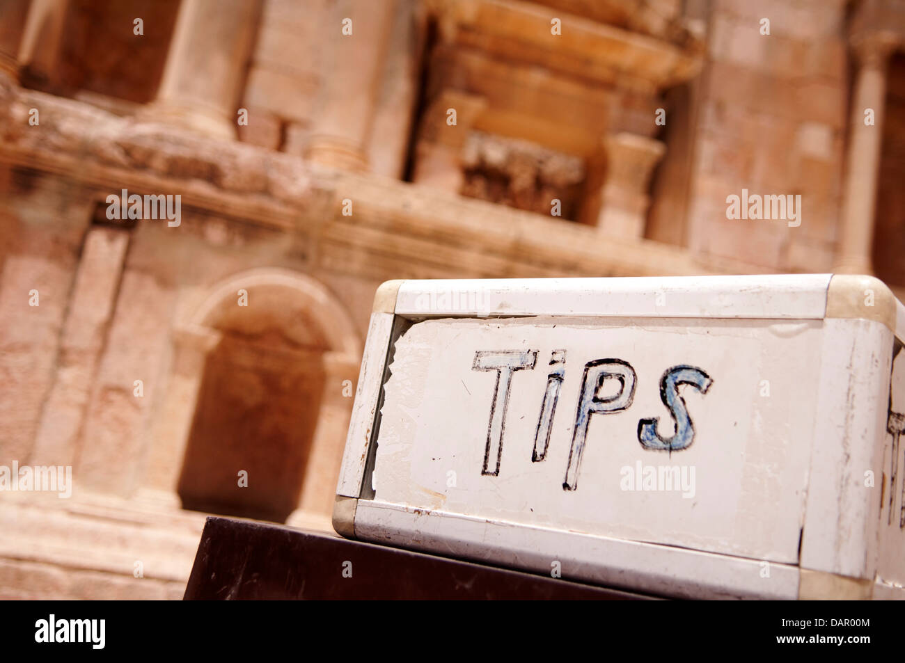 Tipps-Box am südlichen Theater, Jerash Roman archäologische Stätte, Jordanien Stockfoto