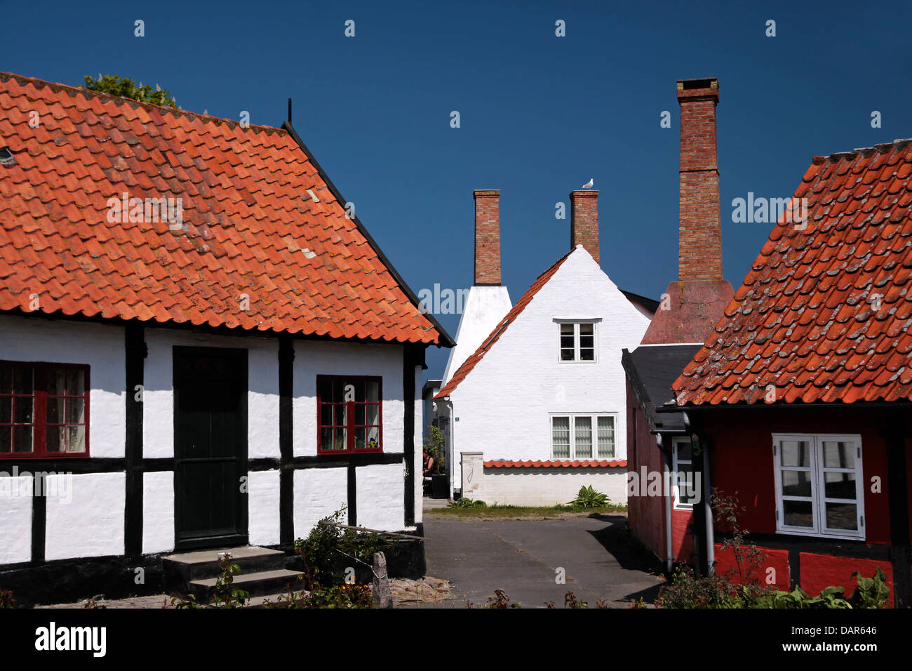 Alte Häuser in Gudhjem auf Bornholm, Dänemark Stockfoto