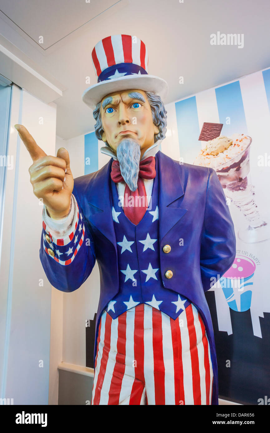 England, Somerset, Weston-Super-Mare, Grand Pier, Ice Cream Parlour, Statue von Onkel Sam Charakter Stockfoto
