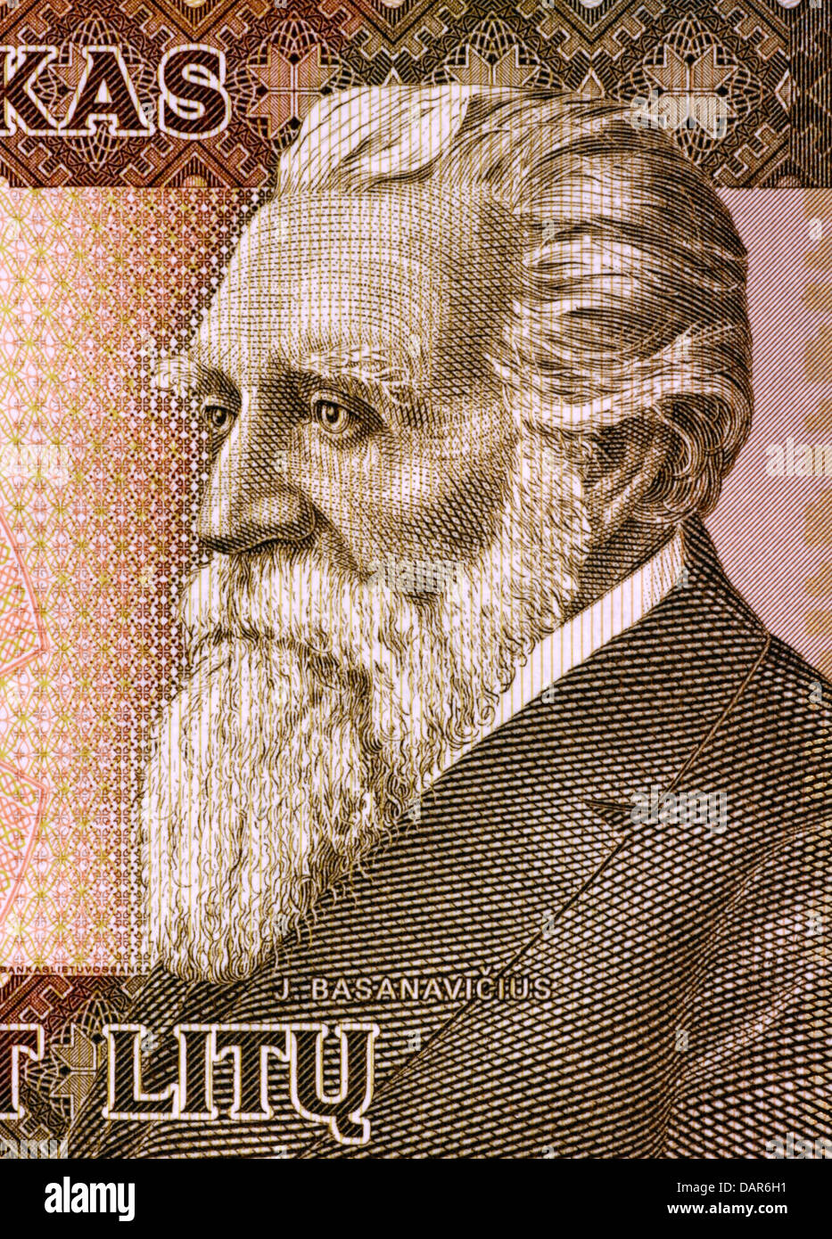 Jonas Basanaviciuson (1851-1927) auf 50 Litu 2003-Banknote aus Litauen. Stockfoto