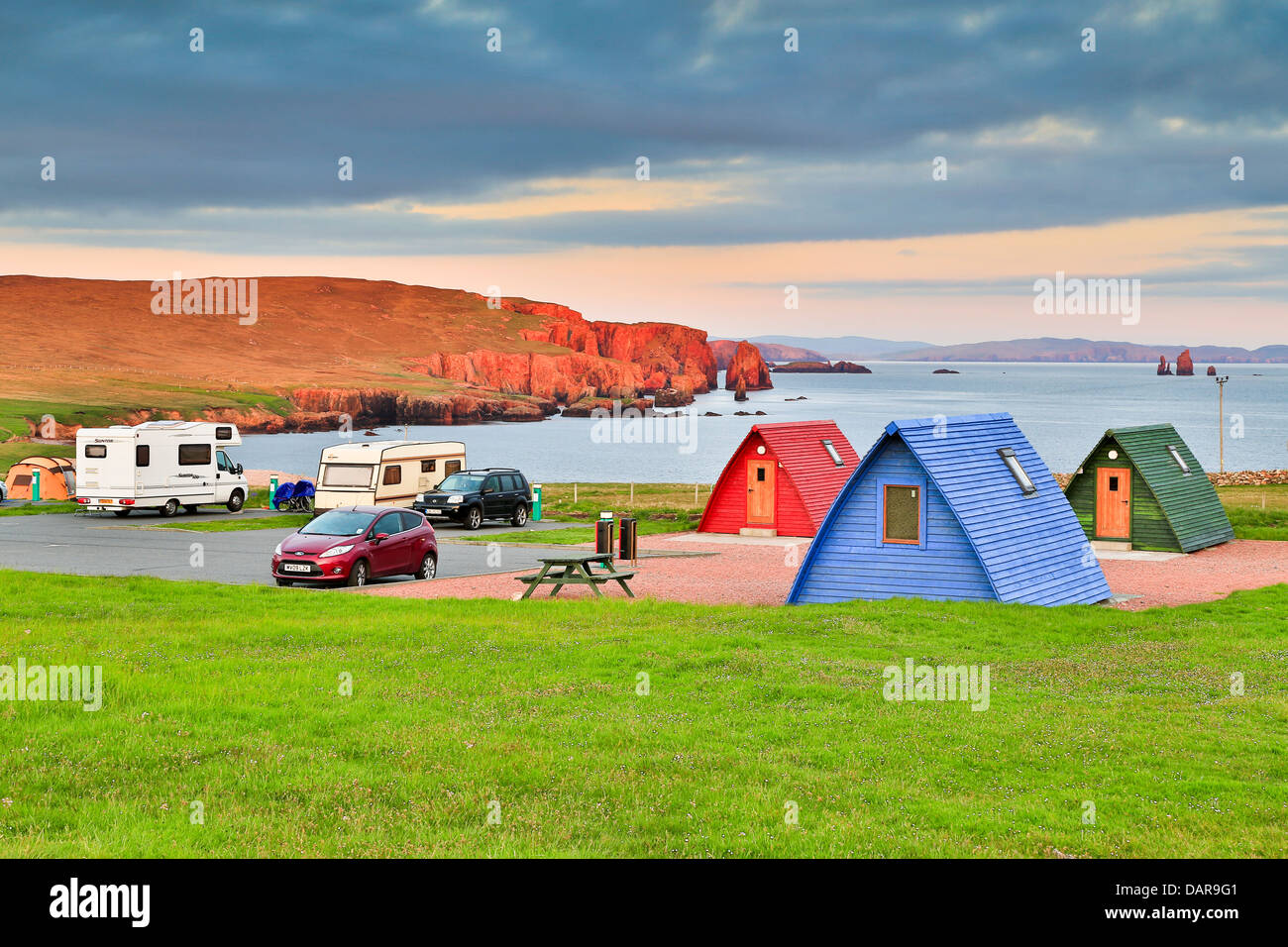 Braewick; Campingplatz; Eshaness; Shetland; VEREINIGTES KÖNIGREICH; Sonnenuntergang; Stockfoto