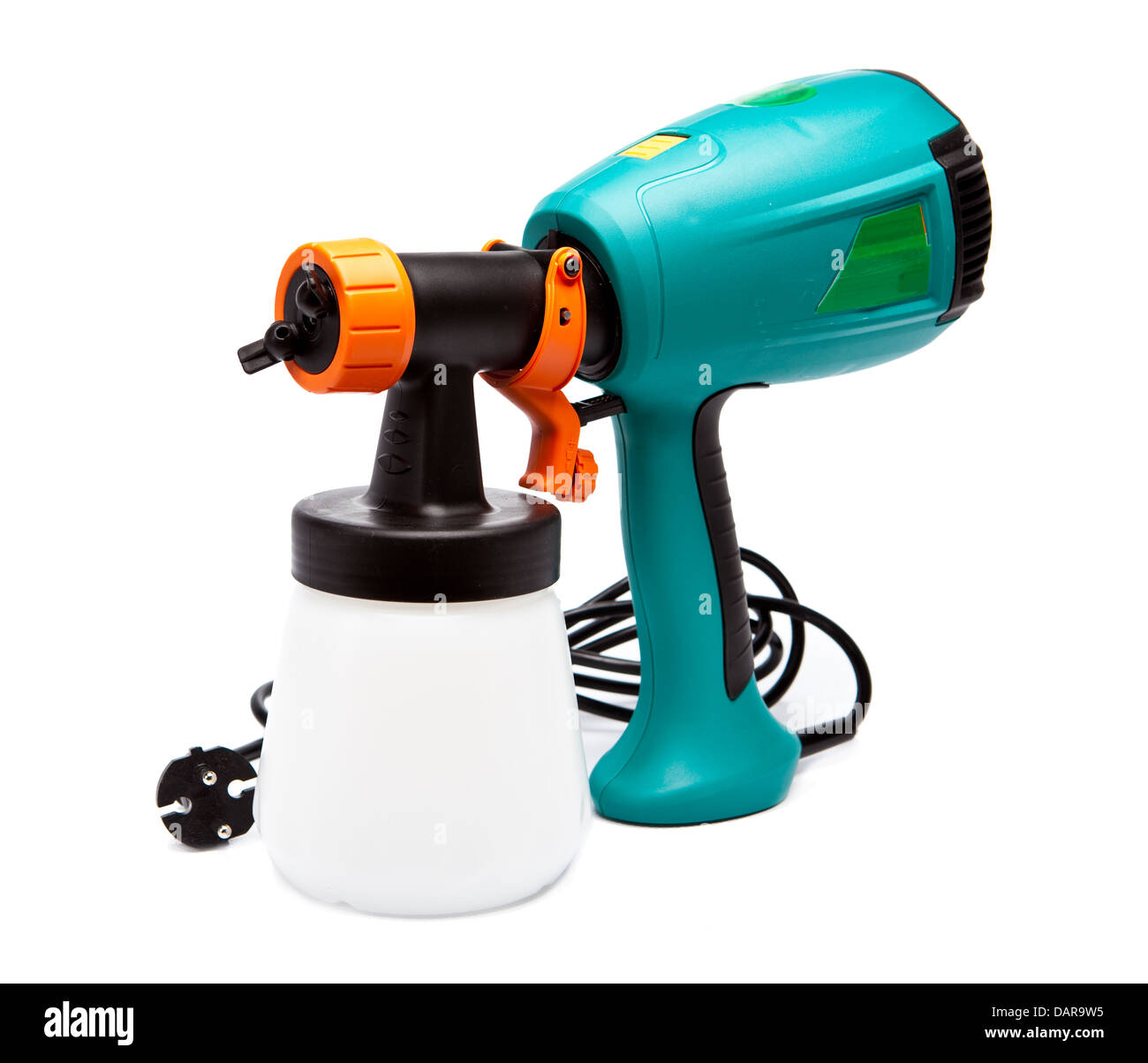 elektrische Spritzpistole für Färbung, Farbe Pulverisierung und einen Pinsel und kleine Flaschen mit Farbe Stockfoto