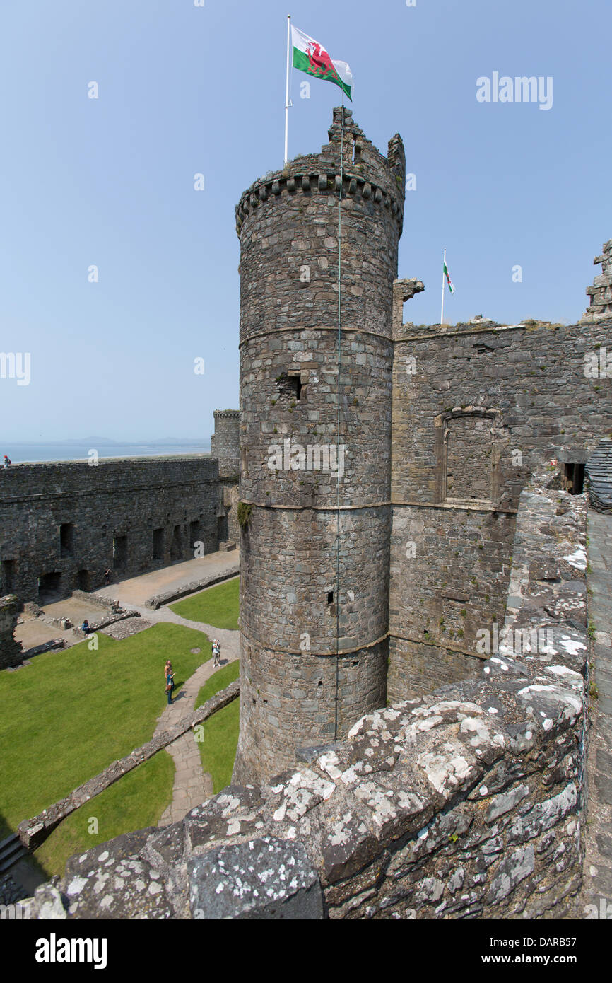 Stadt von Harlech, Wales.  Erhöhte Sicht von Harlech Castle Burghof mit dem südlichen Torhaus Turm im Vordergrund. Stockfoto