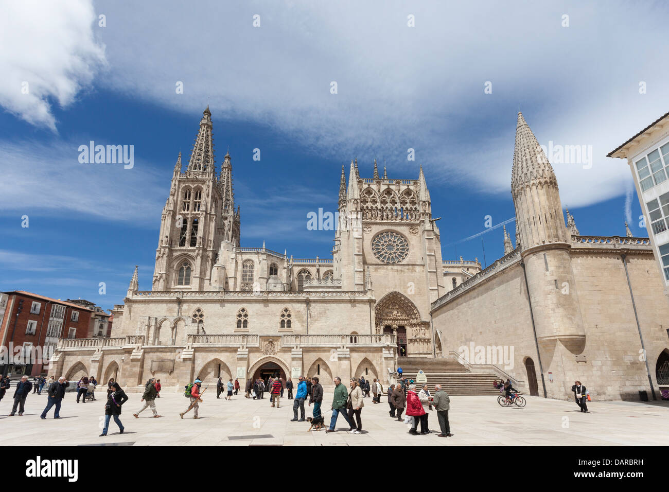 Kathedrale von Burgos aus Plaza del Rey San Fernando - Burgos, Burgos Provence, Kastilien und León, Spanien Stockfoto