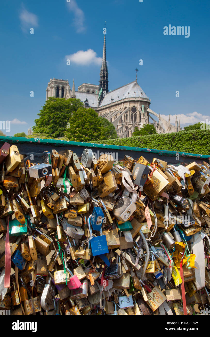 Liebesschlösser entlang Pont de l'Archevêché unterhalb der Kathedrale Notre Dame, Paris Frankreich Stockfoto