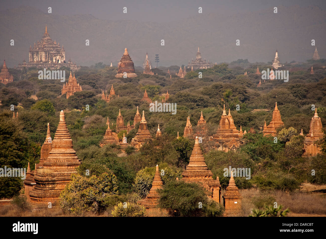 Buddhistische Pagoden und Tempel füllen die Bagan-Ebene. Stockfoto