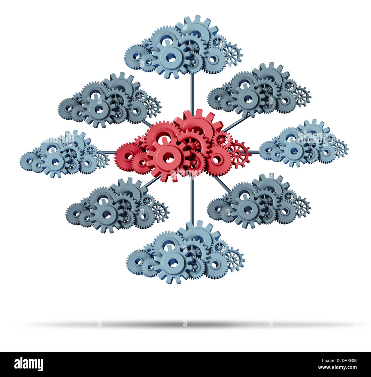 Cloud-Netzwerk-Technologie-Konzept mit einer Gruppe von drei dimensionale Getriebe und Zahnräder miteinander verbunden als eine Ikone der Internetanwendung und digitale Datenträger auf einem weißen Hintergrund. Stockfoto