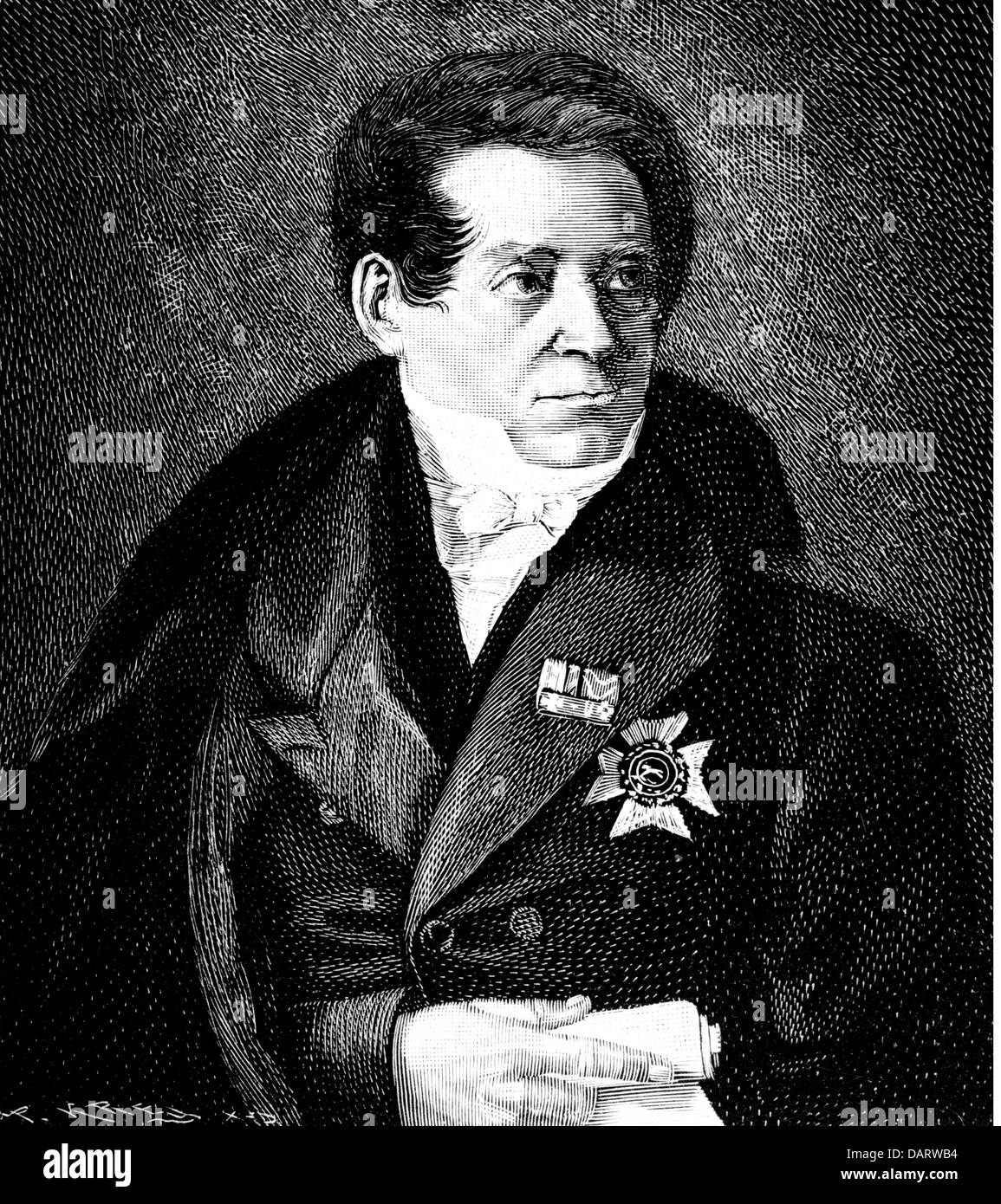 Schlegel, August Wilhelm von, 8.9.1767 - 12.5.1845, deutscher Autor / Schriftsteller, halbe Länge, basierend auf einem Gemälde von Hohneck, Holzgravur, 19. Jahrhundert, Stockfoto