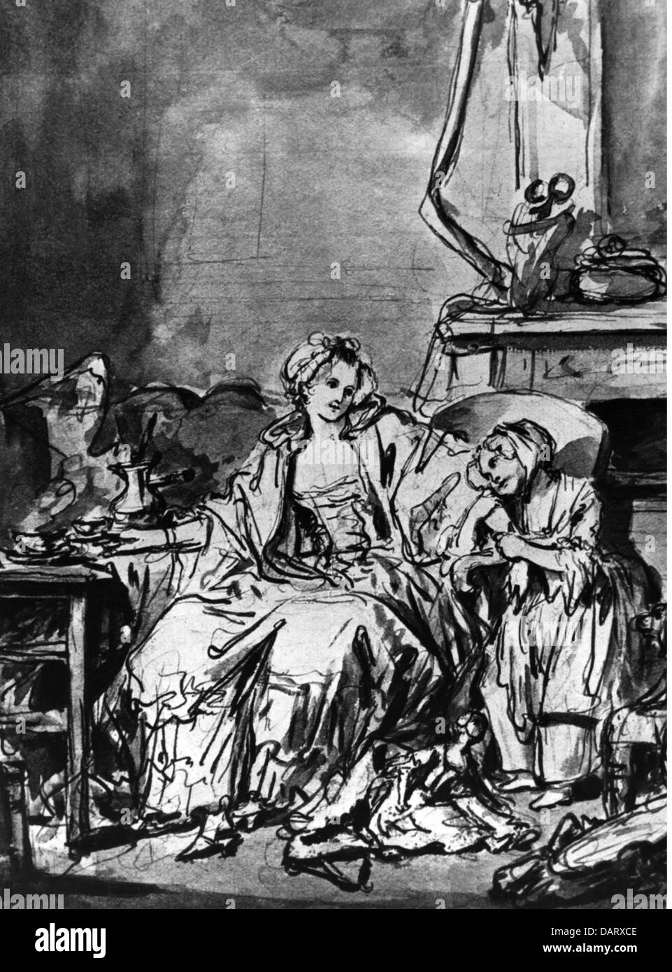 Essen, Kaffee, 'der Kaffee' (Le Cafe), von Jean-Baptiste Greuze (1725 - 1805), rote Kreidezeichnung, 18. Jahrhundert, zusätzliche Rechte-Clearences-nicht verfügbar Stockfoto