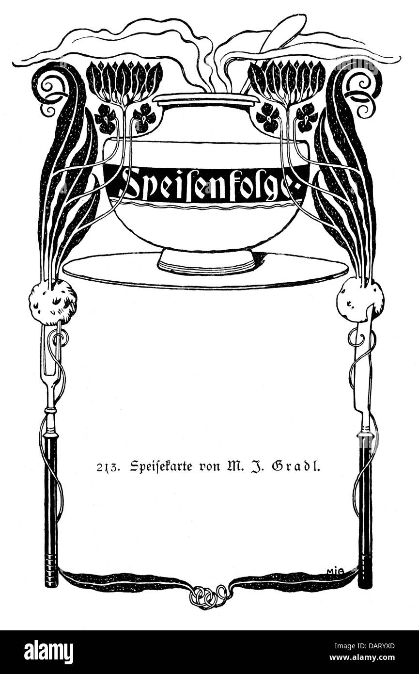 Gastronomie, Menü, Deckblatt, Gestaltung: Max Joseph Gradl (1873 - 1934), um 1900, Additional-Rights-Clearences-not available Stockfoto