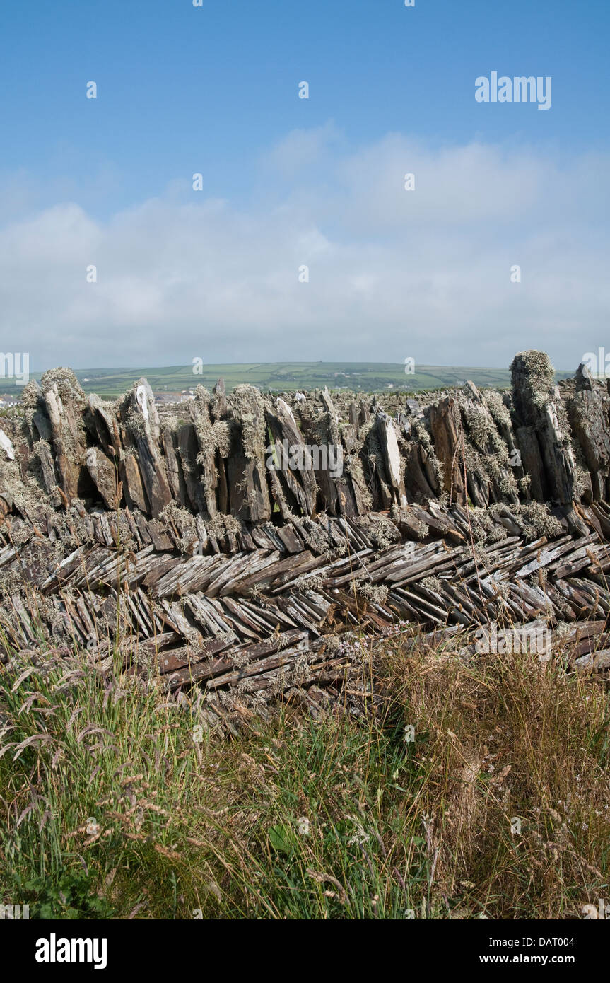 Zick-Zack trockene Stein Wand, charakteristisch für die Landschaft Cornish mit Gräsern und Landschaft / sky oben, Cornwall, England, UK. Stockfoto
