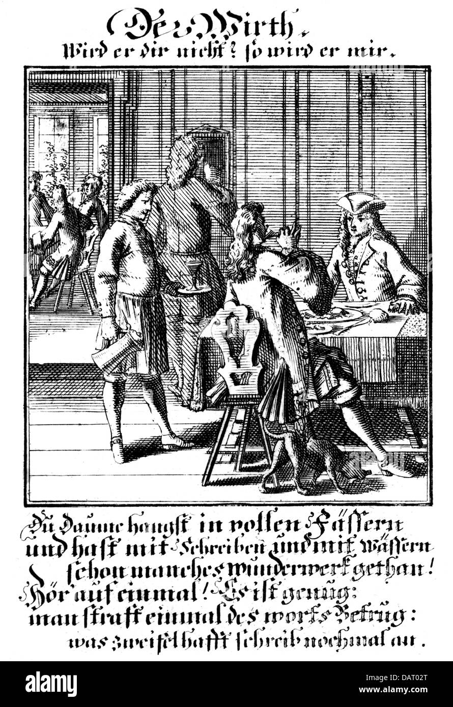 Gastronomie, Kneipe, Zöllner sind Getränke, aus dem Buch von Klassen, von Christoph Weigel der Ältere (1654-1725), mit den Versen von Abraham a Sancta Clara (1644 - 1709), Kupferstich, Nürnberg, 1698, Artist's Urheberrecht nicht gelöscht werden Stockfoto