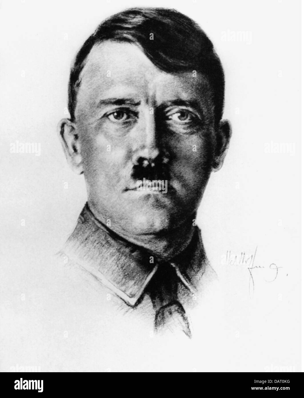 Hitler, Adolf, 20.4.1889 - 30.4.1945, deutscher Politiker (NSDAP), Reichskanzler 30.1.1933 - 30.4.1945, Porträt mit Unterschrift, Zeichnung, 1930er Jahre, Stockfoto