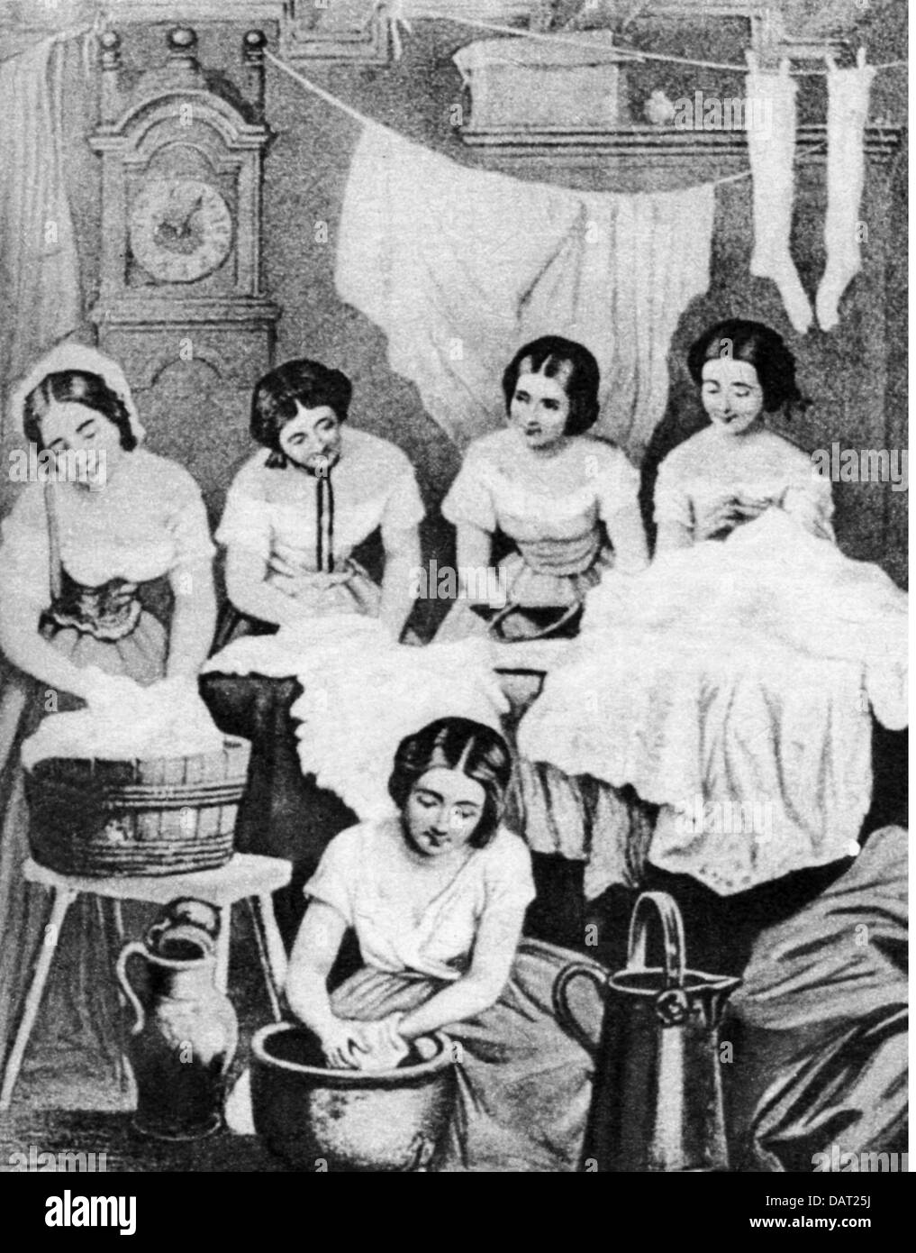 Haushalt, Waschen, Wäschereien, Holzgravur, 1873, Zusatz-Rechte-Clearences-nicht vorhanden Stockfoto