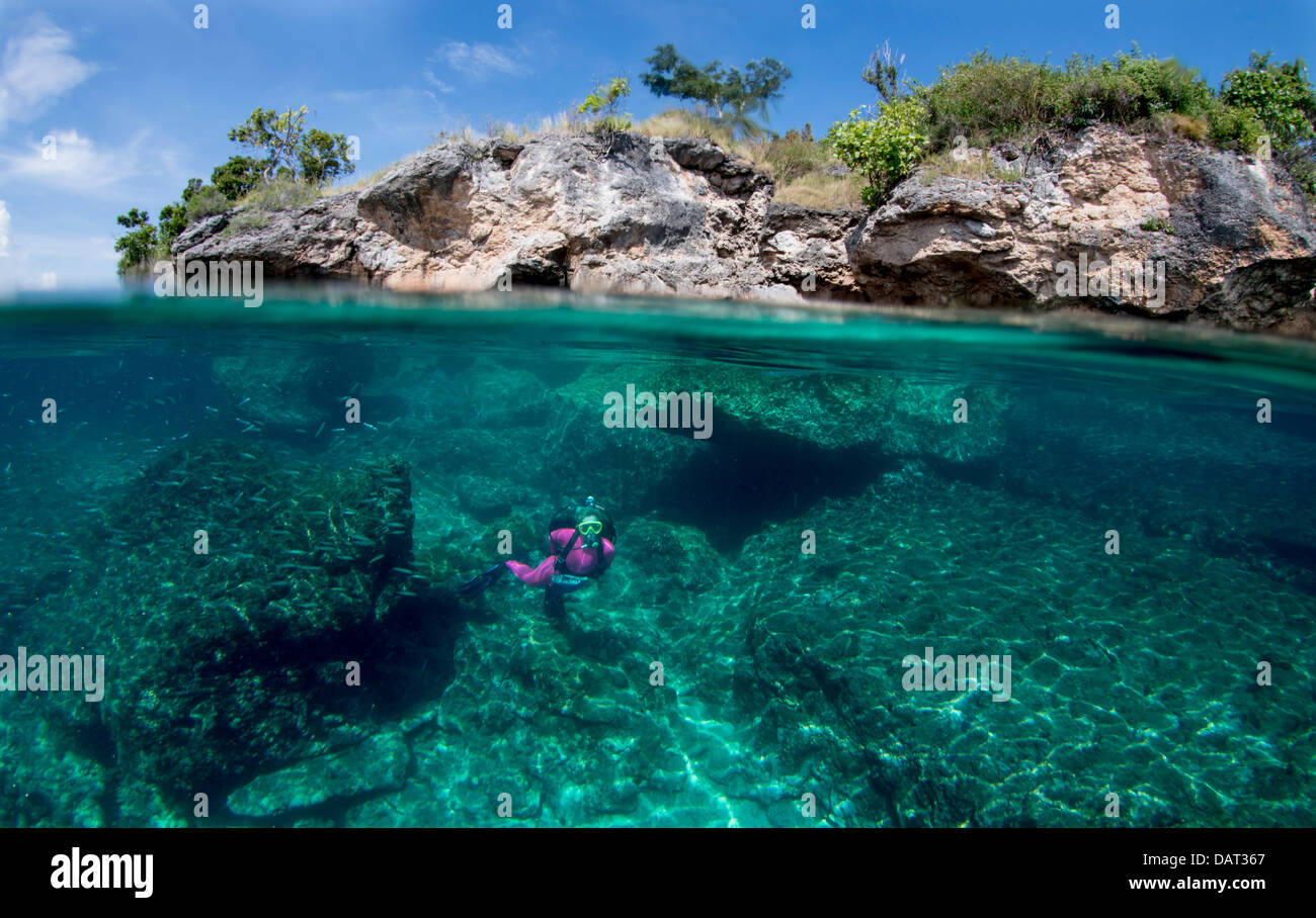 Split Level Blick auf blonde weibliche Taucher unter Wasser neben tropischen Insel erkunden Stockfoto