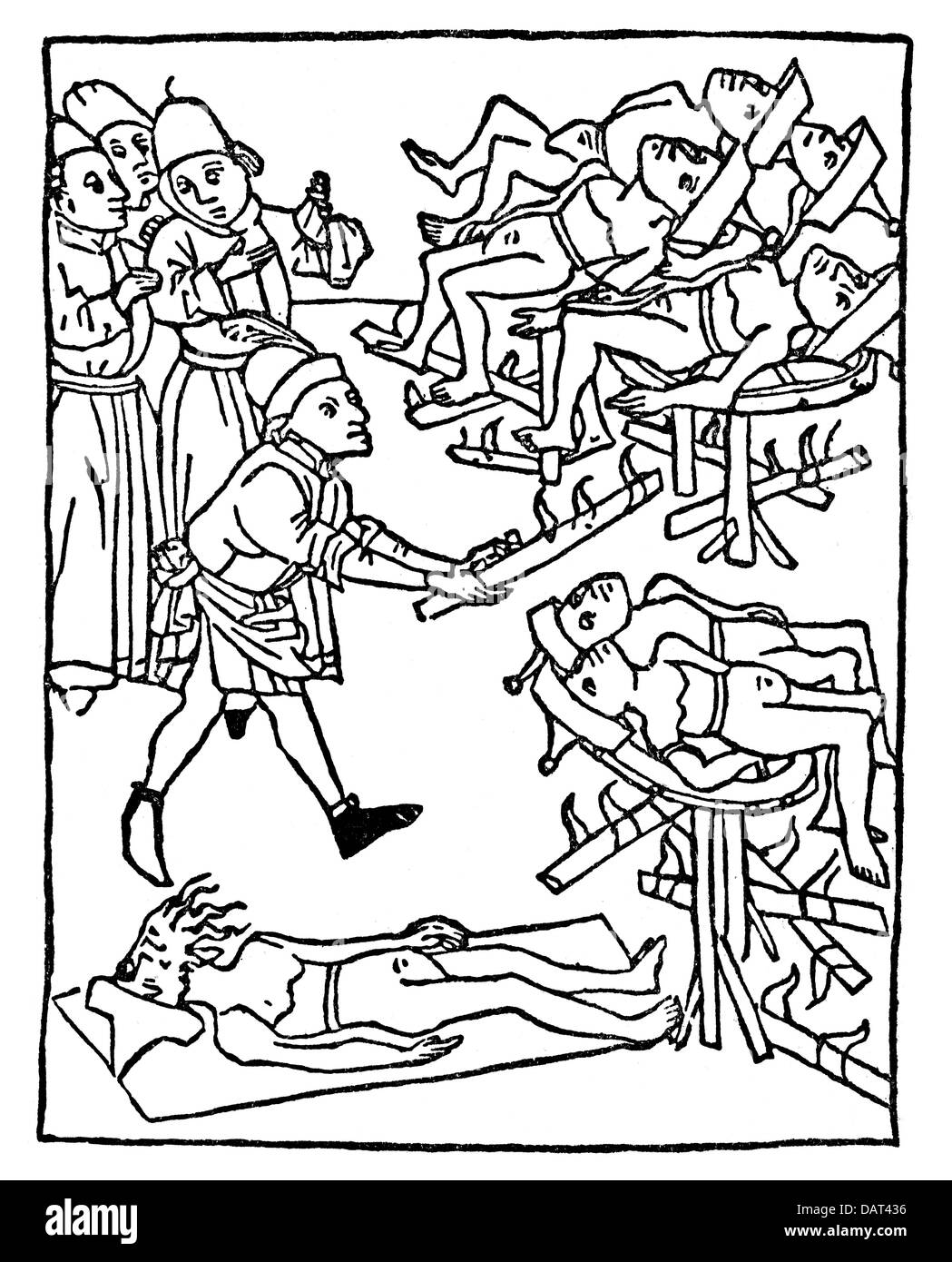 Judentum, Judenverfolgung, Juden sind auf das Rad geflochten, Holzschnitt, 1475, Zusatz-Rechte-Clearences-nicht vorhanden Stockfoto