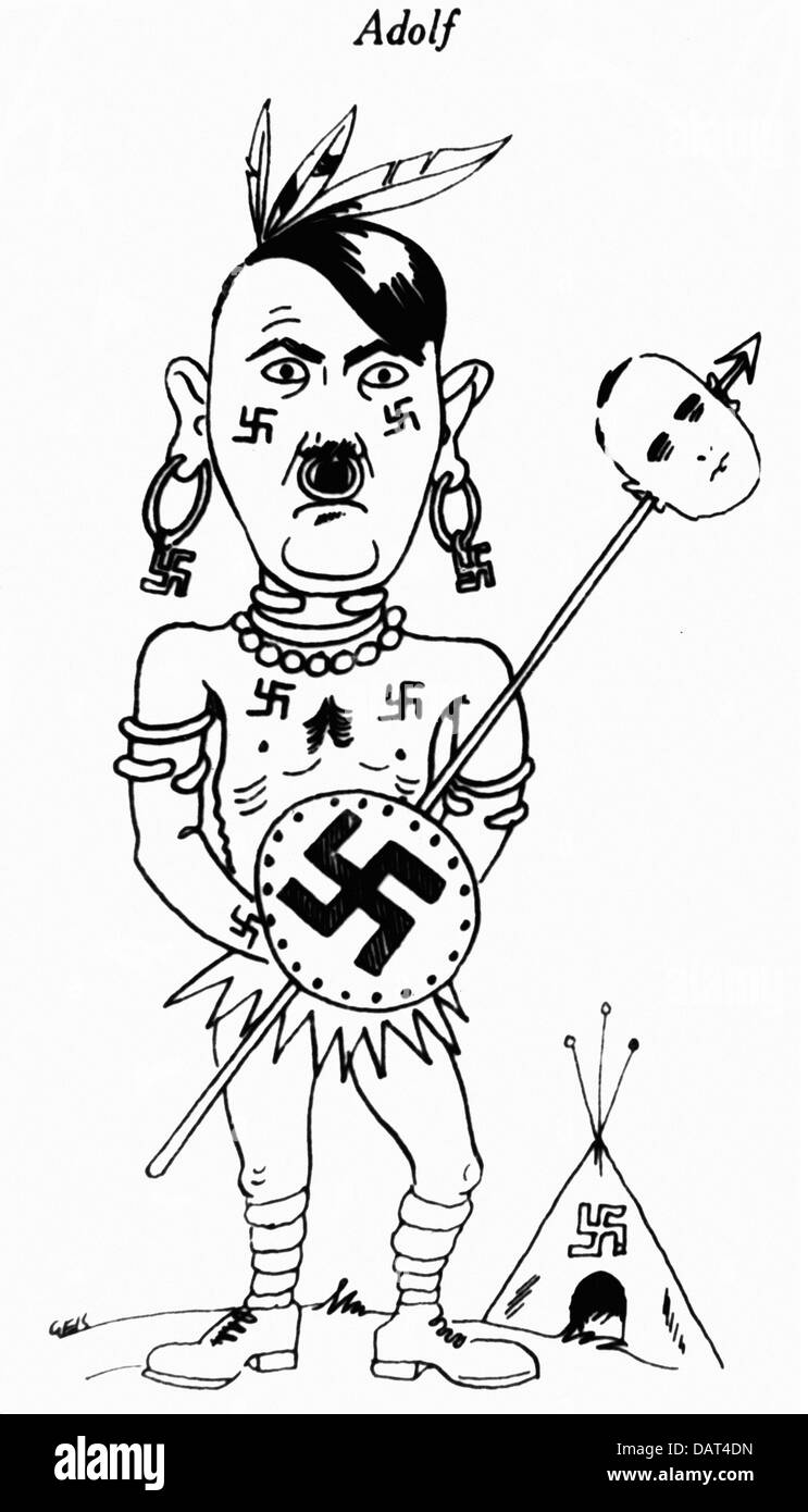 Hitler, Adolf, 20.4.1889 - 30.4.1945, deutscher Politiker (NSDAP), Karikatur, "Der Tribe der wilden Kopfjäger nach der Schlacht bei Leipzig", Zeichnung, "Ulk", Berlin, 7.10.1930, Stockfoto