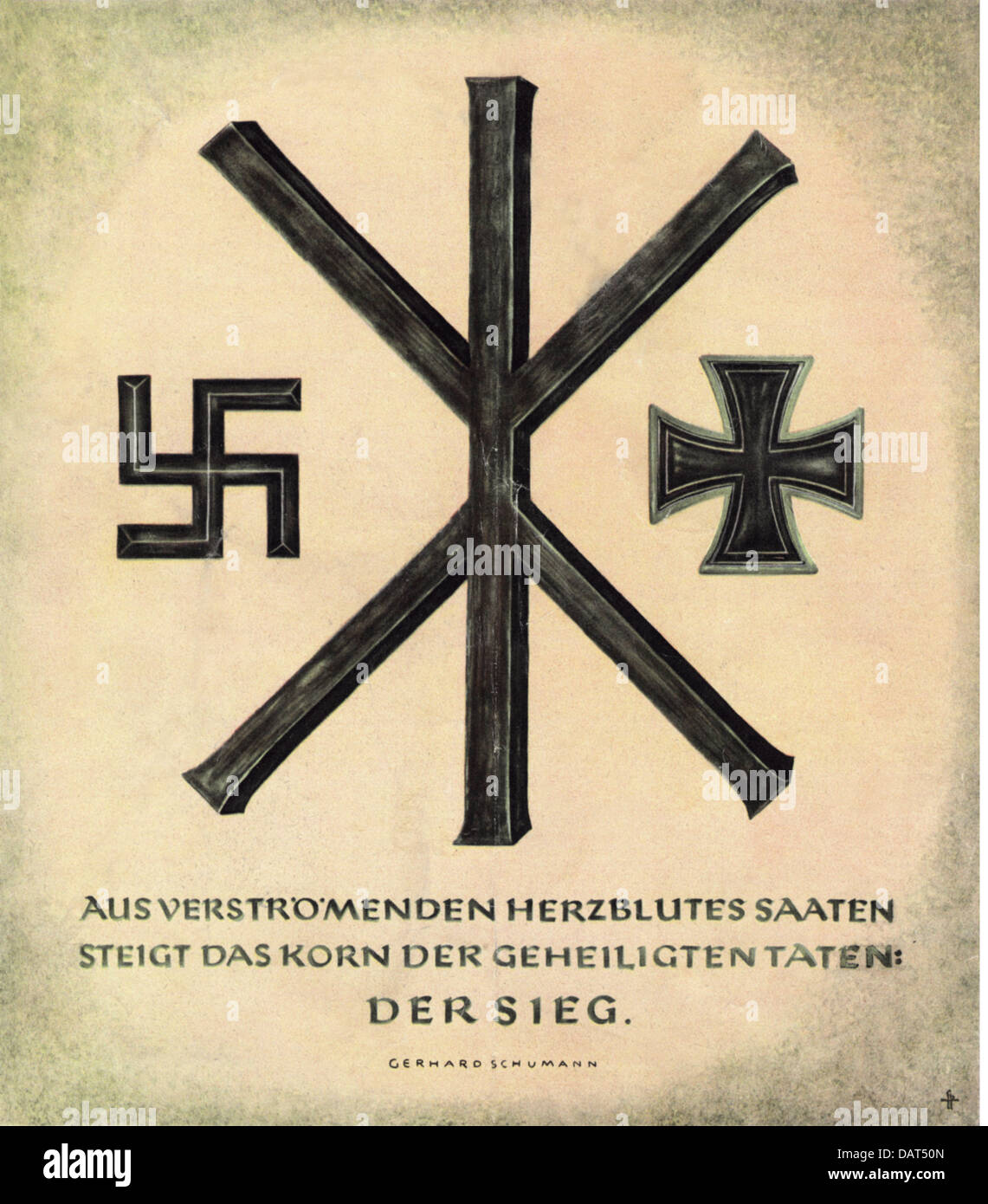 Nationalsozialismus / Nationalsozialismus, Embleme, Rune (H), Hakenkreuz, Eisernes Kreuz, Propagandaplakat von Friedrich Kremer, München, mit einem Slogan von Gerhard Schumann, um 1942, Zusatzrechte-Clearences-nicht vorhanden Stockfoto