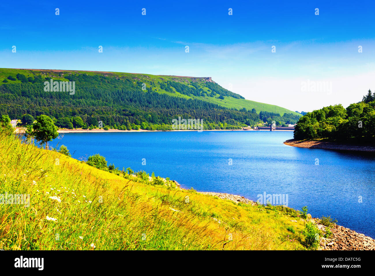 Ladybower Vorratsbehälter mit Blick auf Bamford Edge Stockfoto