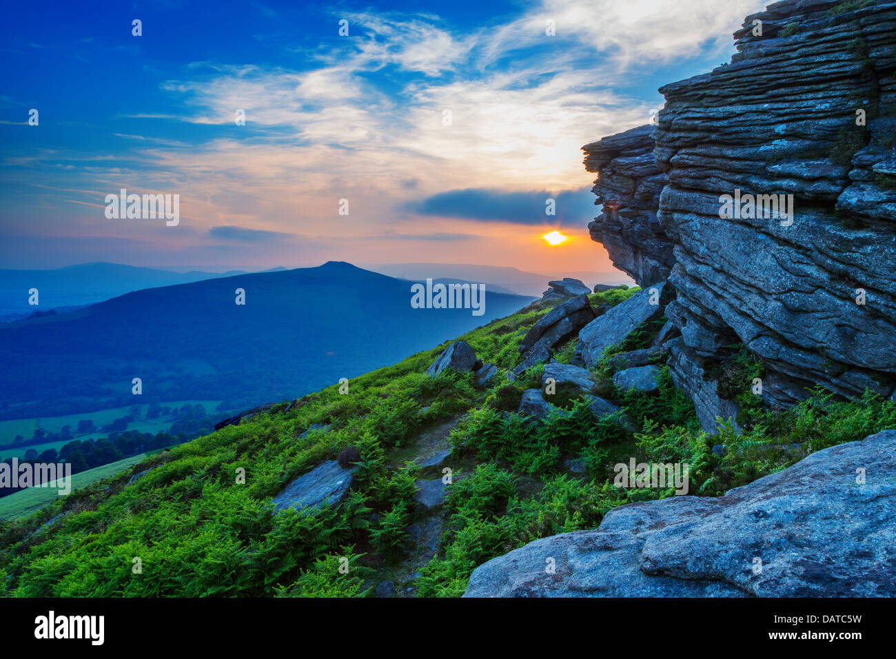 Sonnenuntergang von Bamford Edge, Peak District Stockfoto
