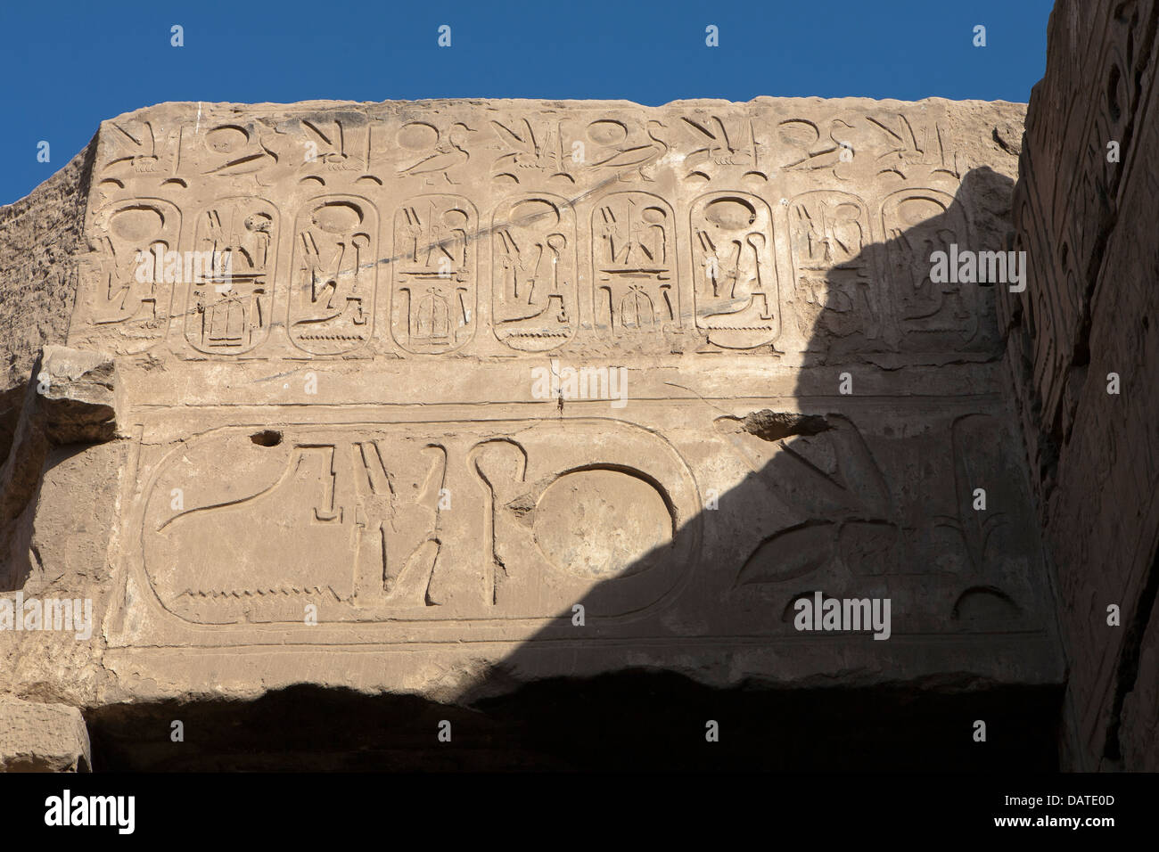 Nahaufnahme eines Reliefs am The Tempel des Amun in Karnak, Luxor, Ägypten Stockfoto