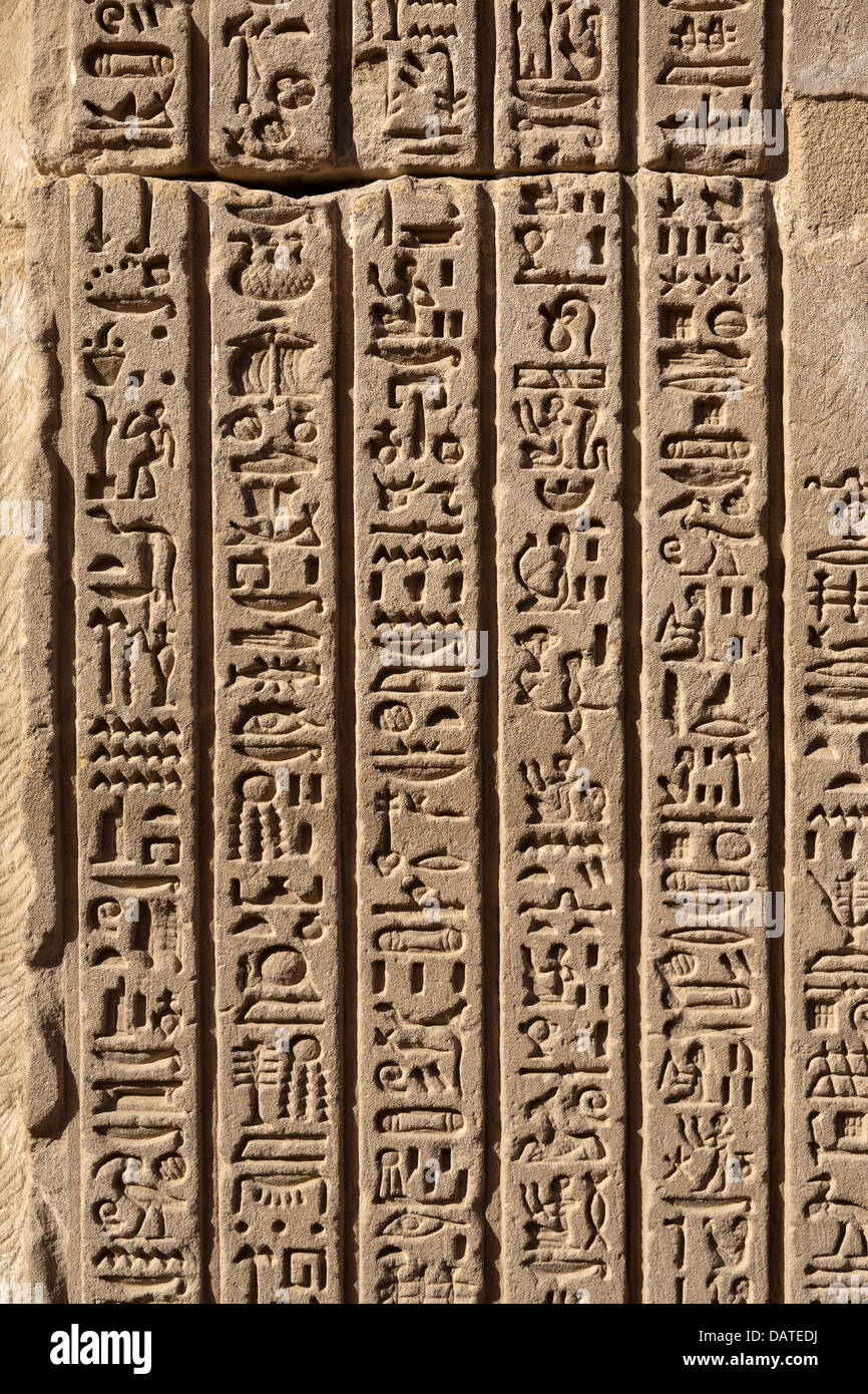Nahaufnahme von Reiefs in den Tempel des Amun in Karnak, Luxor, Ägypten Stockfoto