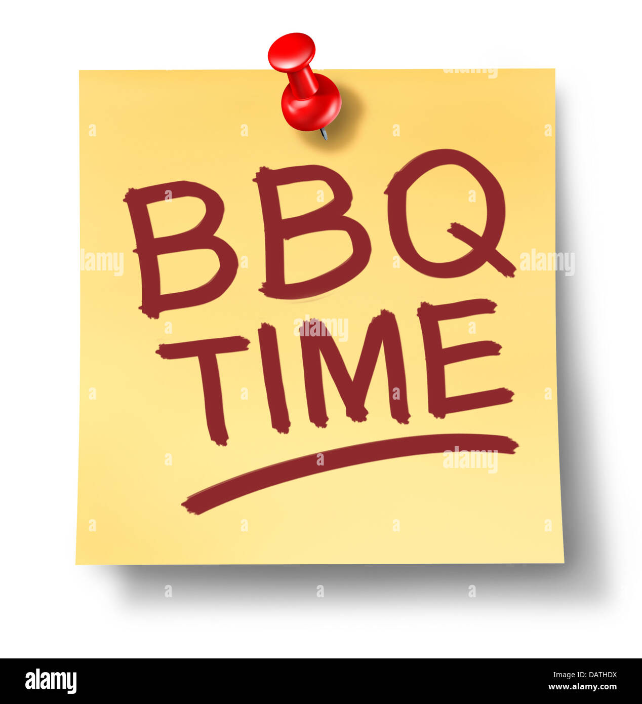 Grill-Büro-Zettel, BBQ Zeit auf ein weißer Hintergrund mit einem roten Daumen Tack als Freizeit Aktivität Symbol des Kochens Fleisch auf einem heißen Grill für eine Party im Freien oder Sommer Familie zusammenkommen. Stockfoto