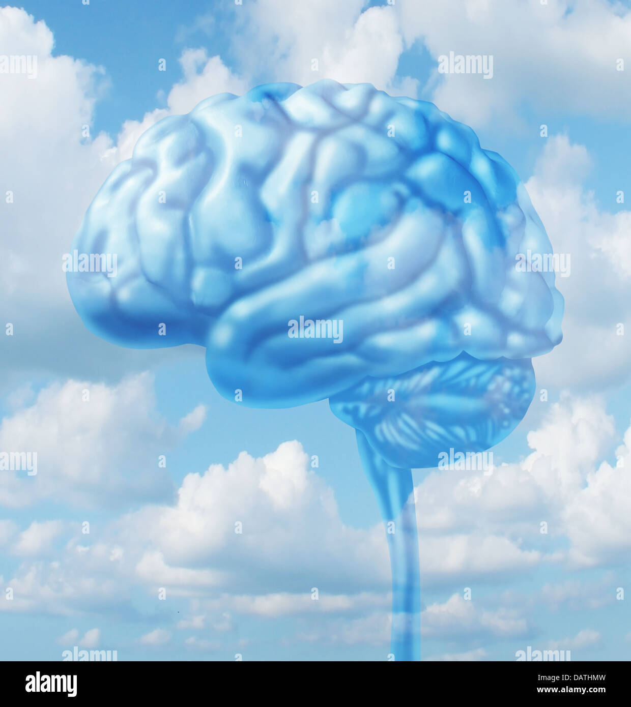 Freies Denken-Lifestyle-Konzept mit einem menschlichen Gehirn-Organ schweben in den Himmel mit Wolken, frische intelligente kreative darstellt Stockfoto