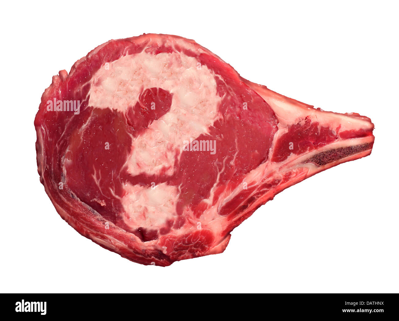 Fleisch-Fragen Essenskonzept als rohes Rindfleisch Steak mit einem Fragezeichen geformt aus dem Marbelised Fett, darstellt die Verwirrung der Verbraucher in Bezug auf die Sicherheit der Lebensmittel wir vom Metzger mit nach Hause nehmen. Stockfoto