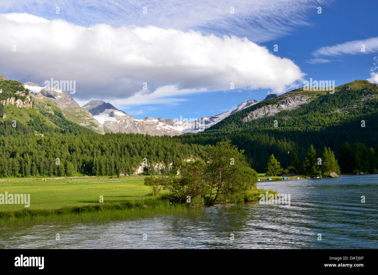 Silsersee Blick ins Fextal, Engadin, Schweiz Stockfoto