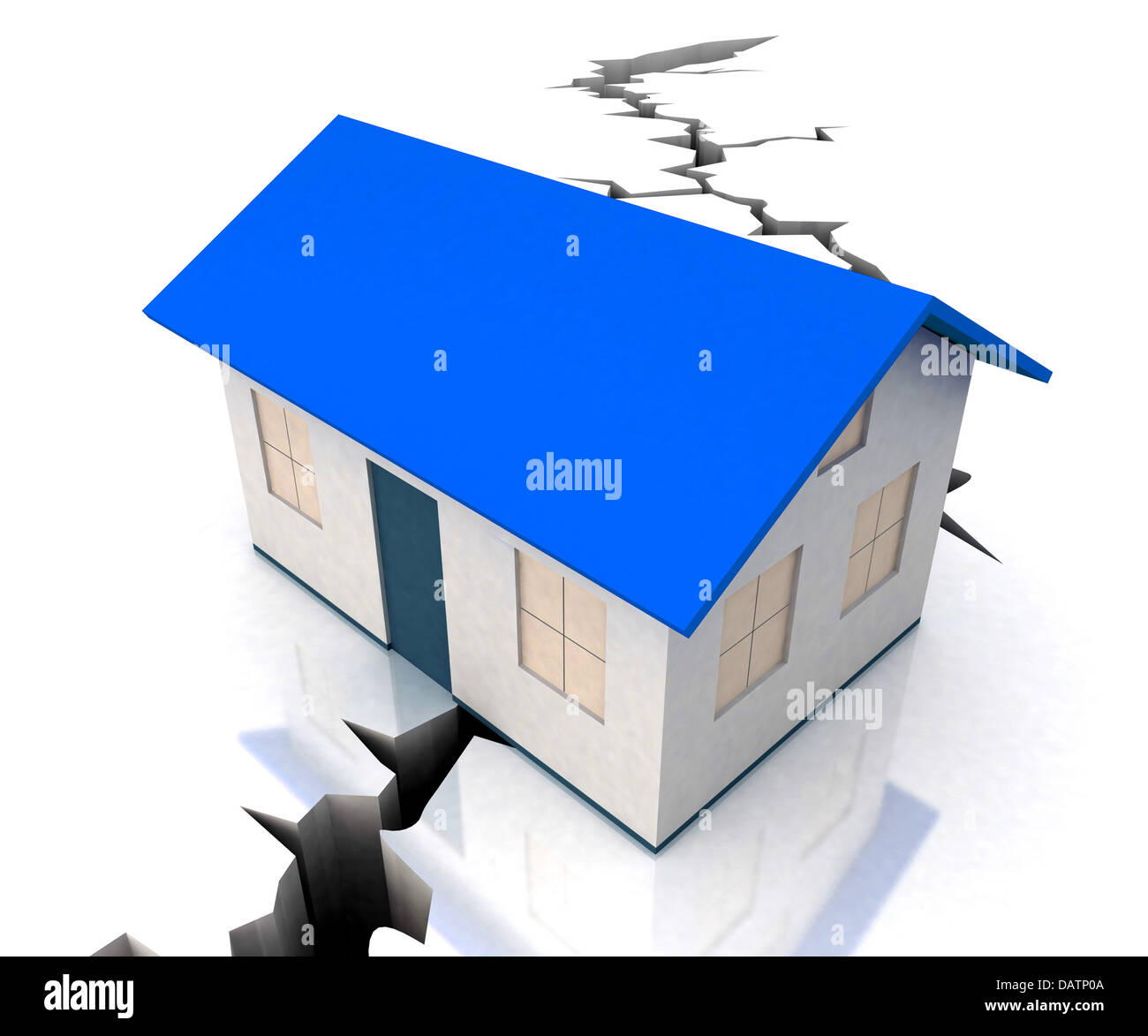 Blaue Dach Haus auf Crack zeigt Katastrophe Stockfoto