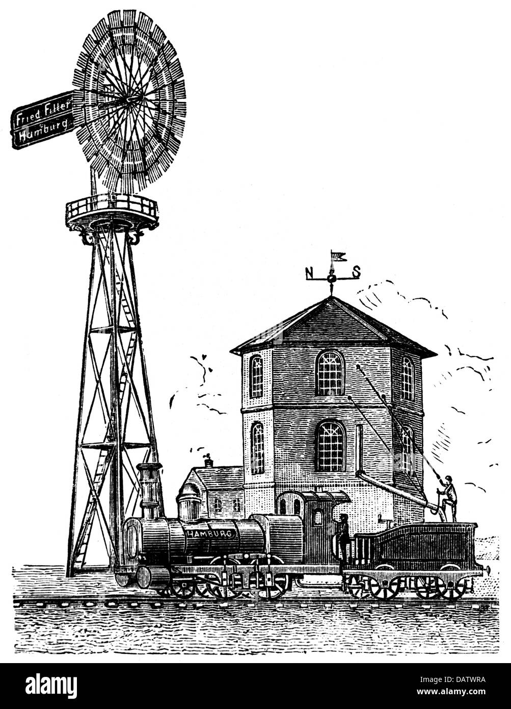 Energie, Wind, Windpumpe für den Betrieb einer Bahnwasserstation, Friedrich Filler, Hamburg - Eimsbüttel, um 1875, Zusatz-Rechteklärung-nicht vorhanden Stockfoto