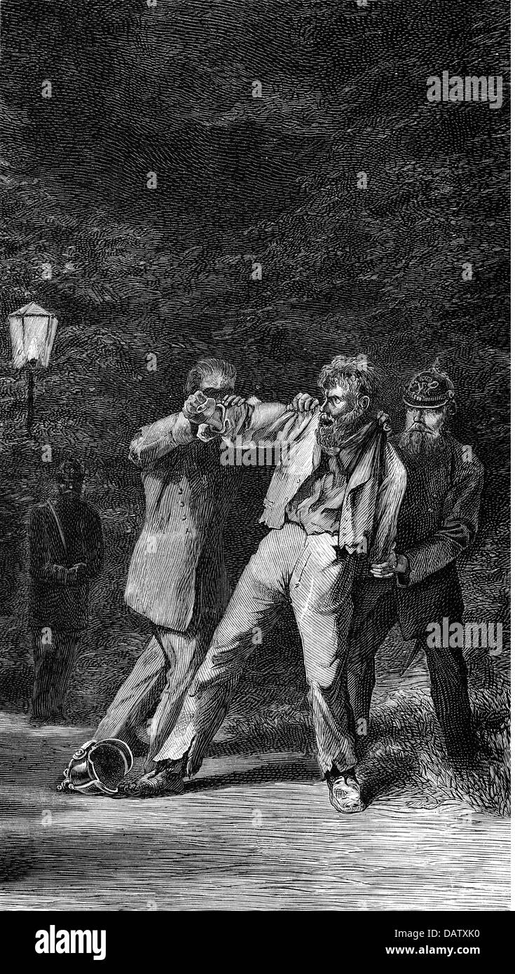Polizei, Deutschland, Einsatz, nächtliche Razzia in Berlin, Festnahme eines Tramps, Holzstich, um 1890, Zusatzrechte-Freilichtungen-nicht vorhanden Stockfoto