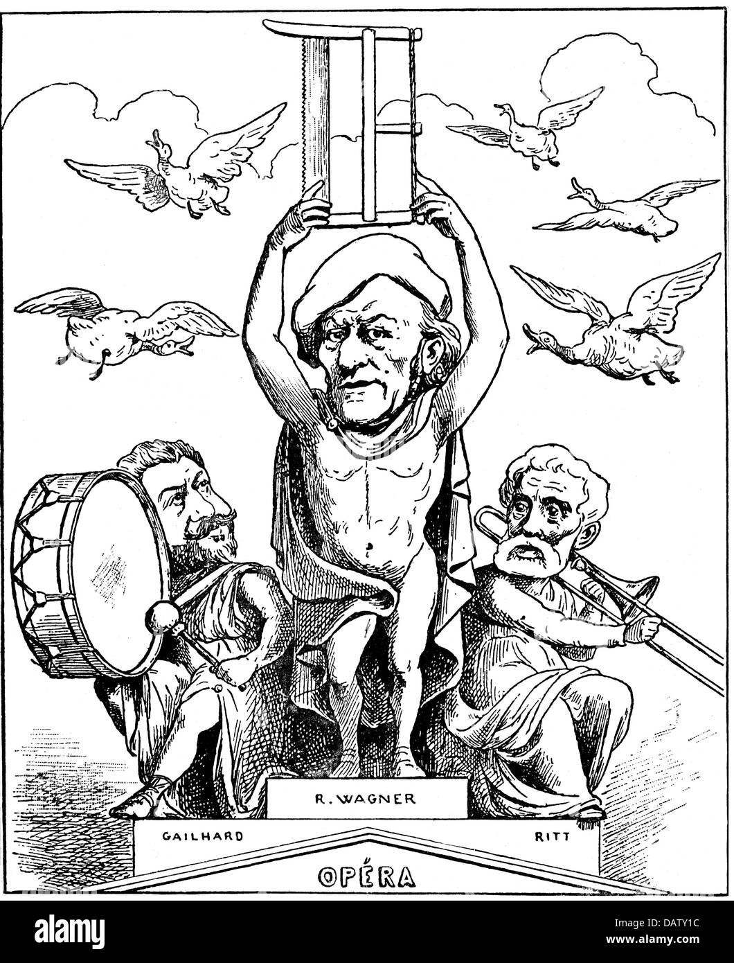 Wagner, Richard, 22.5.188 - 13.2.1883, deutscher Musiker (Komponist), Karikatur, Entwurf für die neue Gable Group der Pariser Oper, aus 'Don Quichote', Zeichnung von Gilbert Martin, von Stockfoto